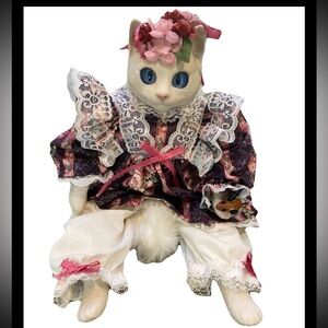 Anthromorphic White Cat Figurine Fancy Lace Dress Holding Mouse Bisque Plush 14”